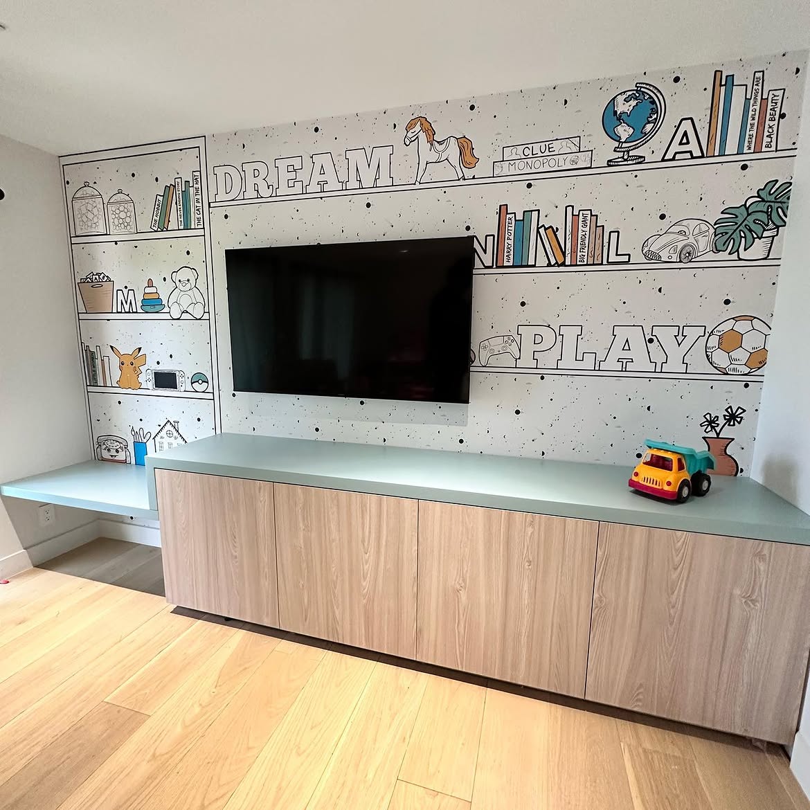 Custom illustrated wallpaper mural installed in a luxury kids playroom
